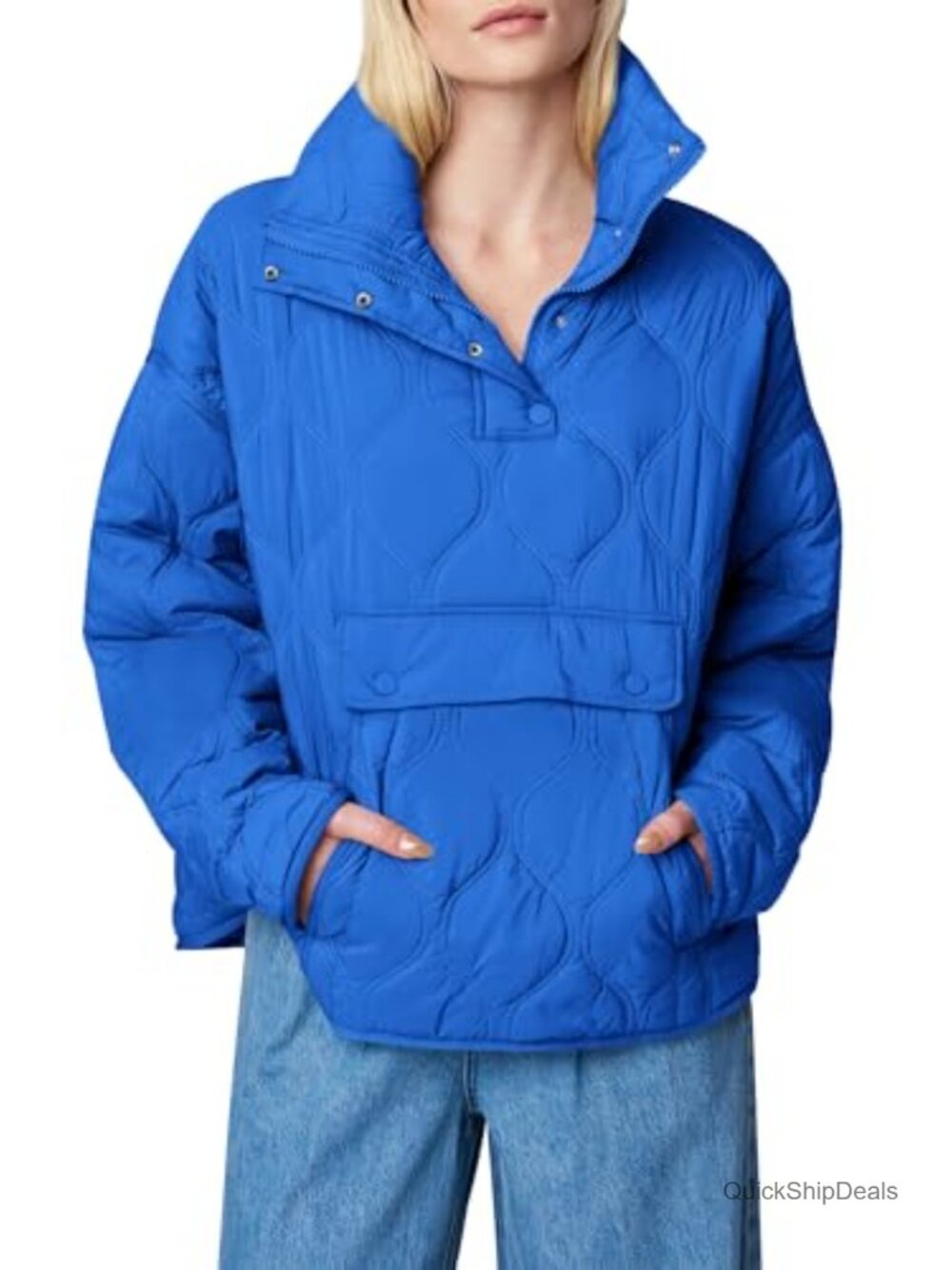 Women's Quilted Pullover Puffer Jacket Half Zip Coat with Pockets